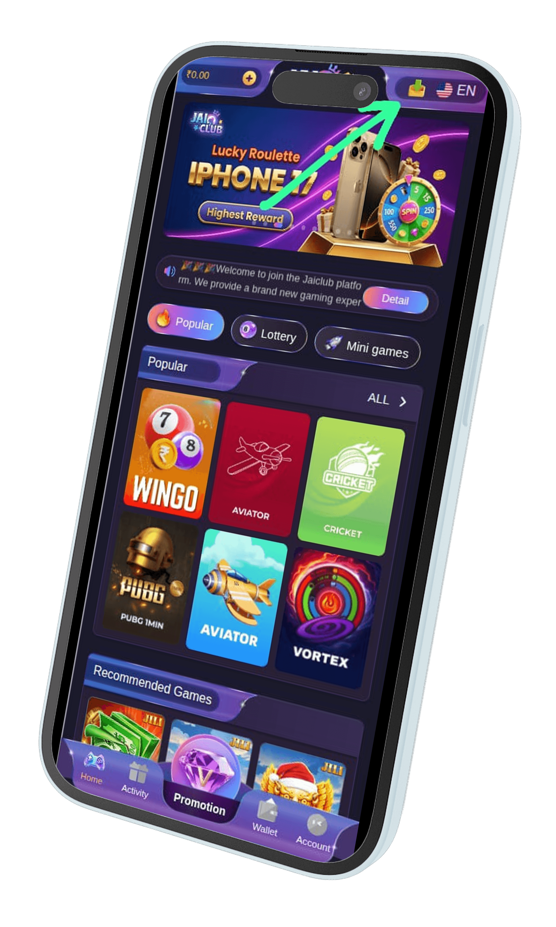 1xBet app lobby — homepage with wallet balance and Download icon