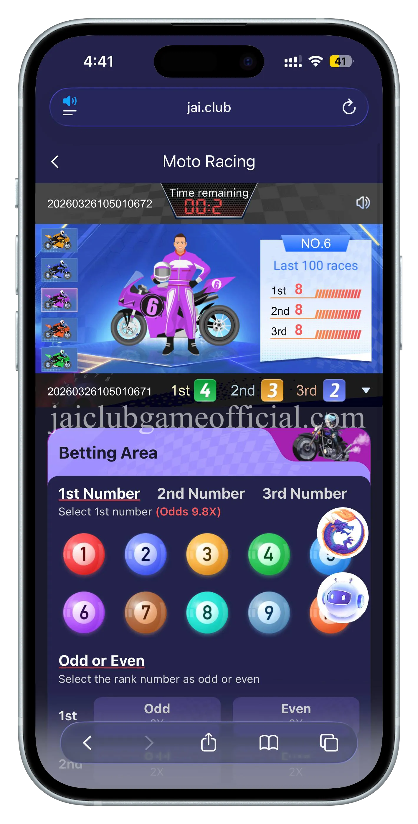 1xBet Moto Racing Game betting interface showing numbers 1 to 10