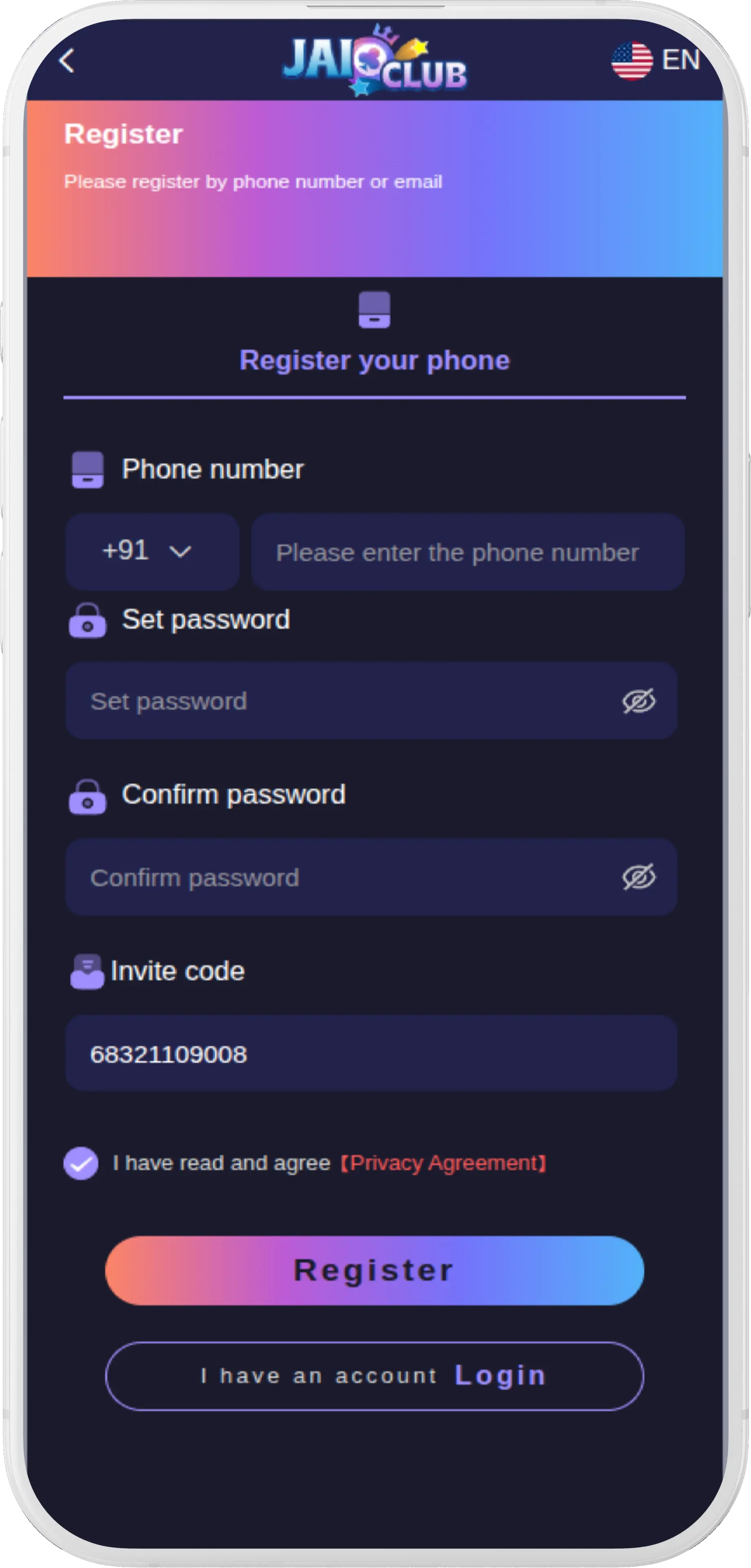 1xBet register page — create your account with invitation code